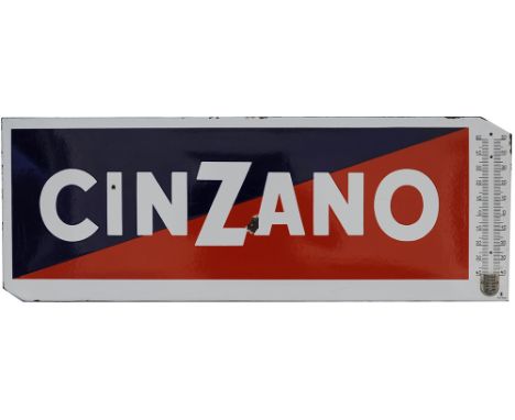 Advertising enamel sign CINZANO with thermometer missing. Measures 31.5in x 11.5in. Enamel in very good condition with a few 