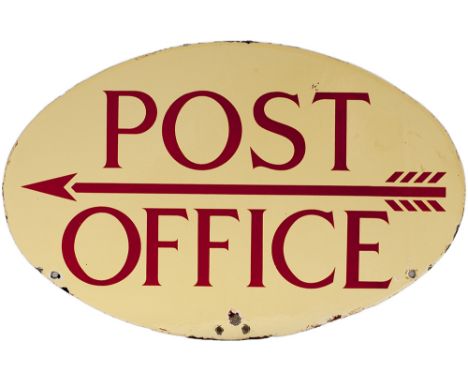 Advertising enamel sign POST OFFICE with feather arrow, double sided as fitted to the tops of post boxes. Measures 18in x 11.