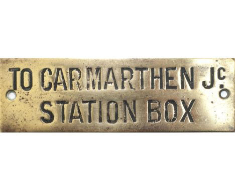 GWR hand engraved brass shelf plate TO CARMARTHEN JC STATION BOX. In very good condition measures 4.75in x 1.5in.