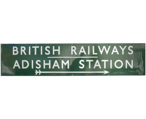 BR(S) dark green enamel station direction sign BRITISH RAILWAYS ADDISHAM STATION with right facing arrow. From the former SEC