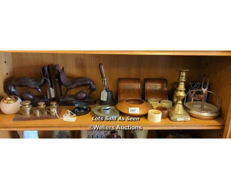 *SHELF OF ASSORTED ITEMS INCL. ONYX TABLE LIGHTER, WEIGHTS, BOOKENDS AND NAPKIN RINGS / LOCATED AT VICTORIA ANTIQUES, WADEBRI