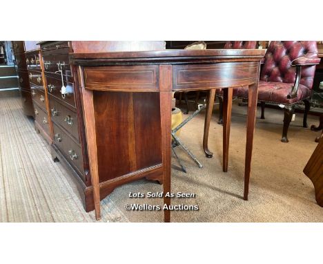 *GEORGIAN MAHOGANY D SHAPED CARD TABLE CROSSBANDED IN SATINWOOD / LOCATED AT VICTORIA ANTIQUES, WADEBRIDGE, PL27 7DD