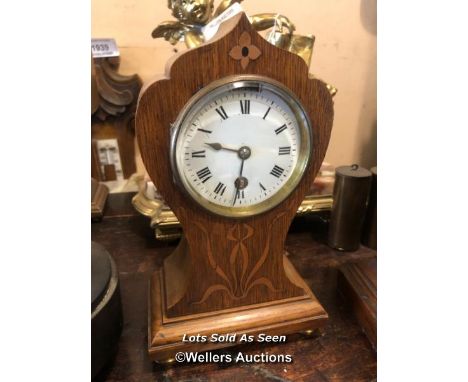 *EDWARDIAN BRASS INLAID ROSEWOOD MANTEL CLOCK / LOCATED AT VICTORIA ANTIQUES, WADEBRIDGE, PL27 7DD