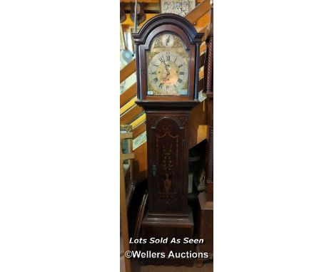 *INLAID MAHOGANY 8 DAY LONGCASE CLOCK WITH STRIKING MOVEMENT, 206CM / LOCATED AT VICTORIA ANTIQUES, WADEBRIDGE, PL27 7DD