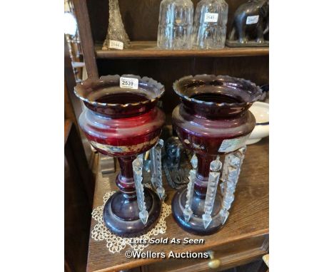 *PAIR OF VICTORIAN RUBY GLASS LUSTRES, 35CM, SOME DROPS LACKING / LOCATED AT VICTORIA ANTIQUES, WADEBRIDGE, PL27 7DD