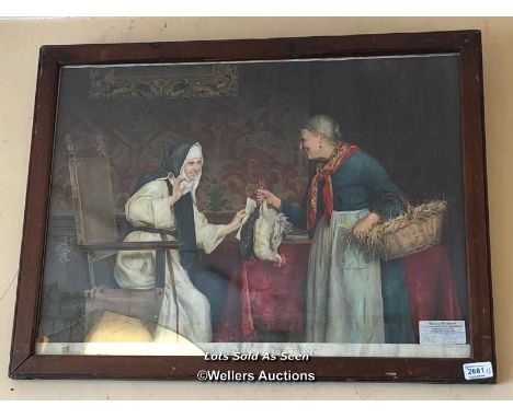 *FRAMED AND GLAZED PRINT OF A NUN HOLDING A PAIR OF ROOSTERS / LOCATED AT VICTORIA ANTIQUES, WADEBRIDGE, PL27 7DD