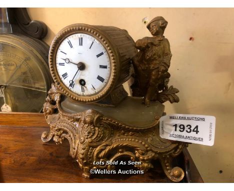 *SMALL GILT FIGURAL MANTEL CLOCK WITH MARBLE TOP / LOCATED AT VICTORIA ANTIQUES, WADEBRIDGE, PL27 7DD