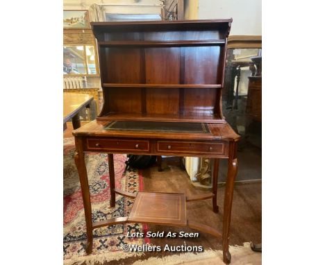 *EDWARDIAN INLAID MAHOGANY WRITING DESK, ASSOCIATED SHELF TOP, 85CM WIDE / LOCATED AT VICTORIA ANTIQUES, WADEBRIDGE, PL27 7DD