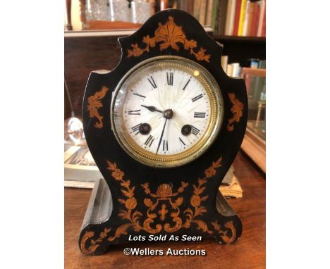 *EDWARDIAN INLAID AND EBONISED MANTEL CLOCK / LOCATED AT VICTORIA ANTIQUES, WADEBRIDGE, PL27 7DD