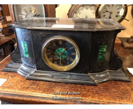 *VICTORIAN SLATE AND MALACHITE MANTEL CLOCK WITH TWO TRAIN MOVEMENT / LOCATED AT VICTORIA ANTIQUES, WADEBRIDGE, PL27 7DD