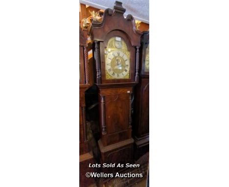 *MAHOGANY 8 DAY LONGCASE CLOCK, BRASS SPANDRELS, SILVER CHAPTER RING,240CM / LOCATED AT VICTORIA ANTIQUES, WADEBRIDGE, PL27 7