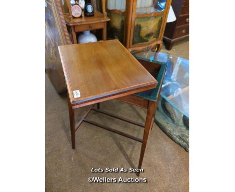 *EDWARDIAN INLAID MAHOGANY FOLDING CARD TABLE WITH SWIVEL TOP, 45CM WIDE / LOCATED AT VICTORIA ANTIQUES, WADEBRIDGE, PL27 7DD