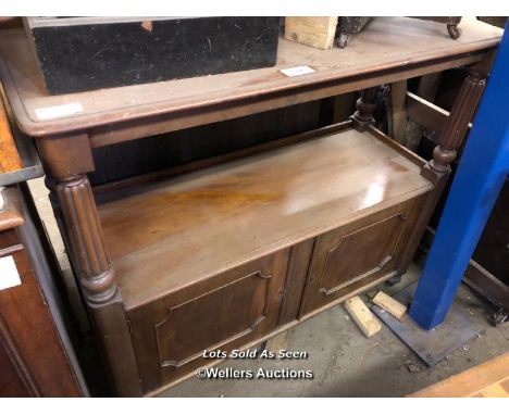 MAHOGANY BUFFET, TWO TIERED AND TWO CUPBOARDS, 48 X 19 X 45 INCHES / LOCATED AT VICTORIA ANTIQUES, WADEBRIDGE, PL27 7DD