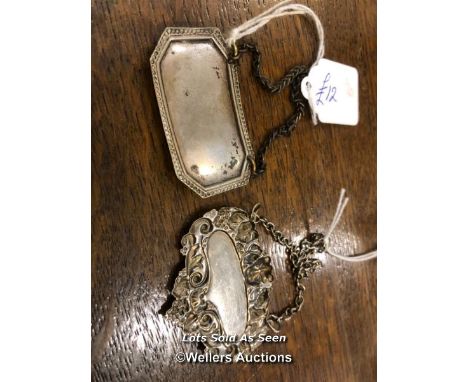 *TWO SILVER PLATED DECANTER LABELS / LOCATED AT VICTORIA ANTIQUES, WADEBRIDGE, PL27 7DD