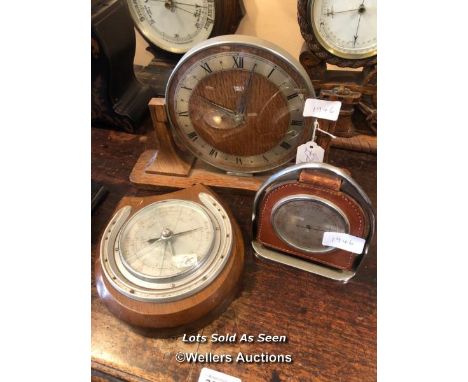 *SMITHS ART DECO MANTEL CLOCK; TWO BAROMETERS WITHIN HORSESHOES / LOCATED AT VICTORIA ANTIQUES, WADEBRIDGE, PL27 7DD