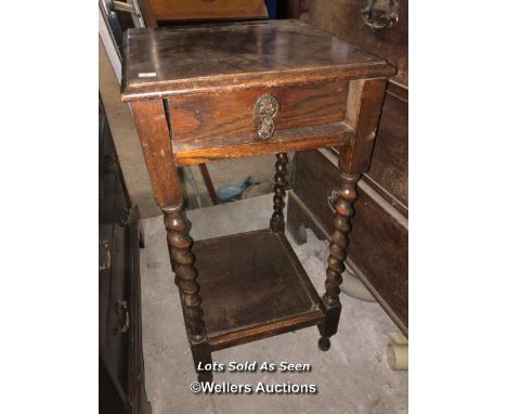 SMALL SQUARE TABLE WITH ONE DRAWER, SHELF UNDERNEATH AND BARLEY TWIST LEGS, 15 X 15 X 29.5 INCHES / LOCATED AT VICTORIA ANTIQ