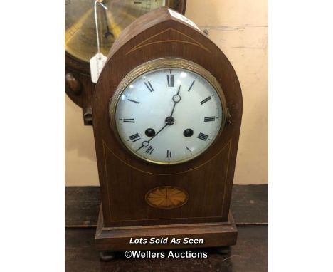 *EDWARDIAN INLAID MAHOGANY ARCH TOP MANTEL CLOCK / LOCATED AT VICTORIA ANTIQUES, WADEBRIDGE, PL27 7DD