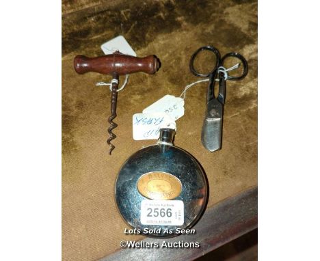 *ANTIQUE CORKSCREW, WIRE CUTTERS, GRANTS OF DALVEY HIP FLASK / LOCATED AT VICTORIA ANTIQUES, WADEBRIDGE, PL27 7DD