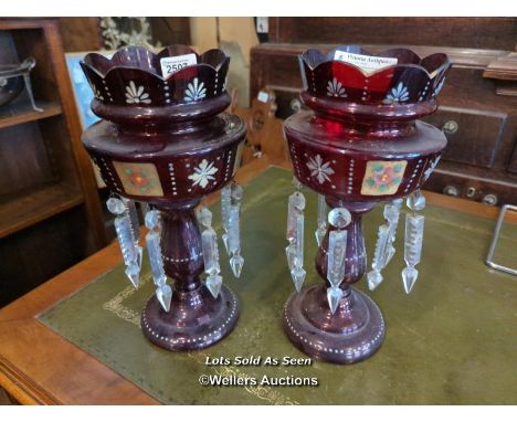 *PAIR OF VICTORIAN RUBY GLASS LUSTRES, 31CM / LOCATED AT VICTORIA ANTIQUES, WADEBRIDGE, PL27 7DD