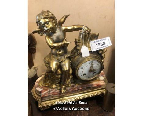 *GILT BRASS CHERUB MANTEL CLOCK WITH MARBLE BASE / LOCATED AT VICTORIA ANTIQUES, WADEBRIDGE, PL27 7DD