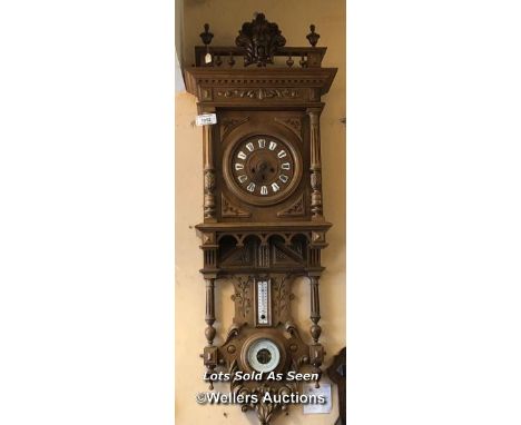 *LARGE AND UNUSUAL WALNUT WALL CLOCK WITH BAROMETER AND THERMOMETER, 133CM / LOCATED AT VICTORIA ANTIQUES, WADEBRIDGE, PL27 7
