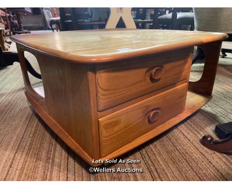 *ERCOL SQUARE ELM COFFEE TABLE FITTED WITH DRAWERS, 76 X 80CM / LOCATED AT VICTORIA ANTIQUES, WADEBRIDGE, PL27 7DD