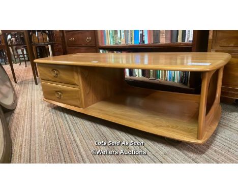 *ERCOL ELM COFFEE TABLE FITTED WITH DRAWERS, 125CM LONG / LOCATED AT VICTORIA ANTIQUES, WADEBRIDGE, PL27 7DD