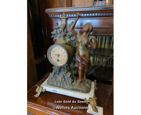 *VICTORIAN SPELTER FIGURAL MANTEL CLOCK ON MARBLE BASE, 39CM / LOCATED AT VICTORIA ANTIQUES, WADEBRIDGE, PL27 7DD
