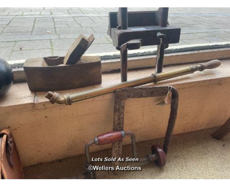 *WOODEN WOODWORK TOOLS, METAL BOOT SCRAPER, BRASS PUMP, ETC / LOCATED AT VICTORIA ANTIQUES, WADEBRIDGE, PL27 7DD