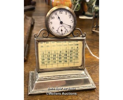 *SMALL SILVER DESK TOP CLOCK AND CALENDAR / LOCATED AT VICTORIA ANTIQUES, WADEBRIDGE, PL27 7DD