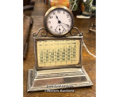 *SMALL SILVER DESK TOP CLOCK AND CALENDAR / LOCATED AT VICTORIA ANTIQUES, WADEBRIDGE, PL27 7DD