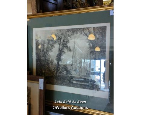 *LARGE FRAMED AND GLAZED LITHOGRAPH PRINT OF A CHURCH, 63 X 56CM / LOCATED AT VICTORIA ANTIQUES, WADEBRIDGE, PL27 7DD