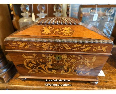 *VICTORIAN INLAID ROSEWOOD SARCOPHAGUS TEA CADDY, 31.5CM WIDE / LOCATED AT VICTORIA ANTIQUES, WADEBRIDGE, PL27 7DD