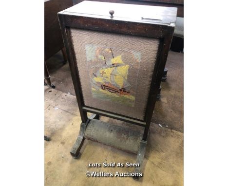 OAK FIRESCREEN WITH A SHIP TAPESTRY, 15 X 8 X 30 INCHES / LOCATED AT VICTORIA ANTIQUES, WADEBRIDGE, PL27 7DD