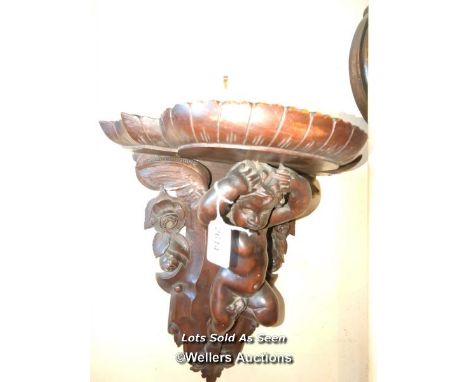 *VICTORIAN CARVED WOOD WALL BRACKET MODELLED AS A CHERUB SUPPRTING A SHELF, 43CM / LOCATED AT VICTORIA ANTIQUES, WADEBRIDGE, 