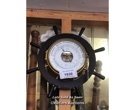 *SCHULZ COMPENSATED BAROMETER AND MATCHING CLOCK IN SHIP'S WHEEL SURROUND / LOCATED AT VICTORIA ANTIQUES, WADEBRIDGE, PL27 7D