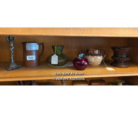*SHELF OF ASSORTED ITEMS INCL. TABLE LIGHTER AND ROYAL DOULTON TWIN HANDLED POT / LOCATED AT VICTORIA ANTIQUES, WADEBRIDGE, P