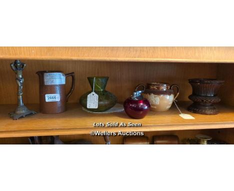 *SHELF OF ASSORTED ITEMS INCL. TABLE LIGHTER AND ROYAL DOULTON TWIN HANDLED POT / LOCATED AT VICTORIA ANTIQUES, WADEBRIDGE, P