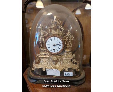 *VICTORIAN GILT METAL FIGURAL CLOCK UNDER GLASS DOME, 36CM / LOCATED AT VICTORIA ANTIQUES, WADEBRIDGE, PL27 7DD