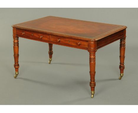 A William IV mahogany partners writing table, with gilt tooled leather writing surface, two frieze drawers to either side, ro