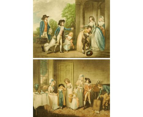 After Clifford R. James, pair of prints, figural scenes.  Each 43 cm x 54 cm, signed on mount.