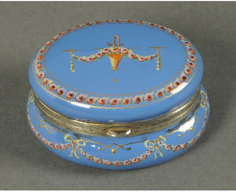 A late 18th/early 19th century enamelled patch box, decorated to the interior with castle and canal scene, with silver colour