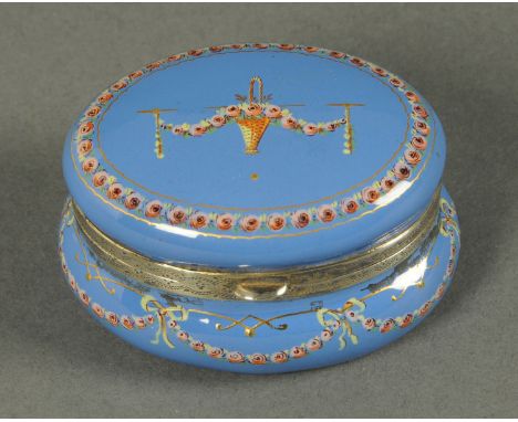 A late 18th/early 19th century enamelled patch box, decorated to the interior with castle and canal scene, with silver colour