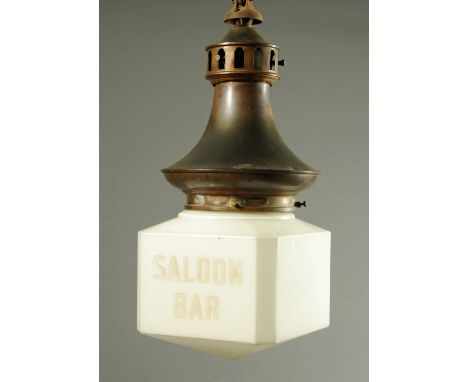 A hanging saloon lantern, milk glass with metal upper section and hanger.  Width 30 cm.  CONDITION REPORT: This is a late 19t