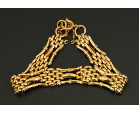A 9 ct gold gate bracelet, with safety chain, 14.4 grams (see illustration).