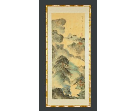 A Chinese scroll watercolour landscape.  88 cm x 35 cm, framed, signed. 