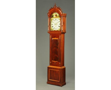 A 19th century mahogany longcase clock, with scroll carved pediment above the arched painted dial and eight day striking move