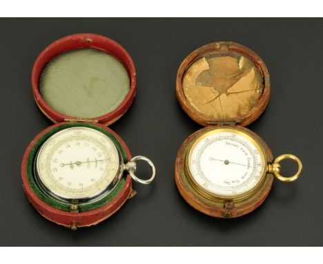A Victorian pocket barometer, with brass body, cased, and a Compens cased pocket barometer.
