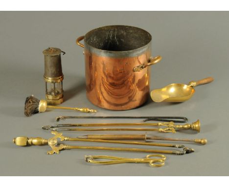 A miners lamp, a copper two handled vessel, various fire irons and grain shovel.  