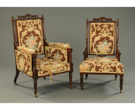 A pair of late Victorian rosewood ladies and gentleman's chairs, by John Taylor & Sons, Edinburgh, with upholstered backs and